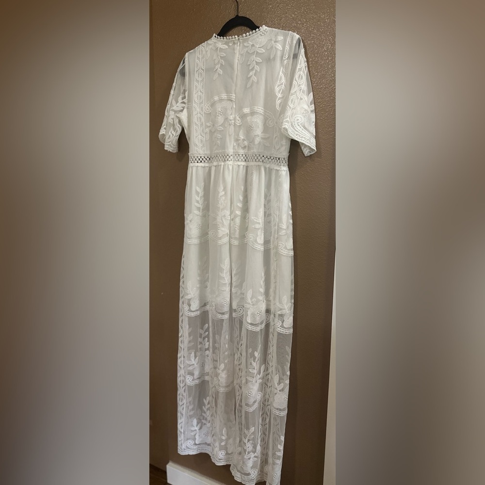 Ivory Floral Embroidered Lace Boho Maxi Dress Deep V-neck Fairycore Cottagcore. - Picture 11 of 14